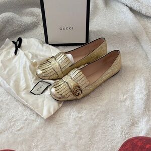 Gucci Gold Metallic Fringe Leather Loafers with GG Horsebit